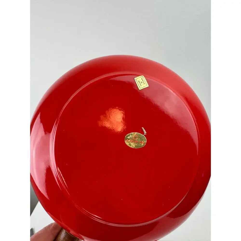 Vintage Styson Bright Red Enamel Fondue Pot Aluminum Wooden Single Handle Lid